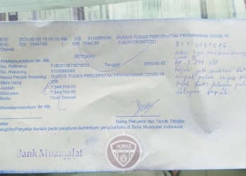 Bukti setoran gaji Gubernur Gorontalo ke rekening Gugus Tugas Covid-19 Provinsi Gorontalo. (Humas Pemprov Gorontalo)