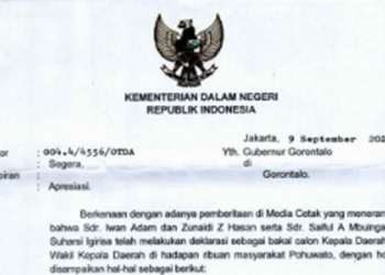 Surat Kemendagri yang mengapresiasi langkah Gubernur Gorontalo untuk menegakkan protokol kesehatan di daerah. (Foto: istimewa).