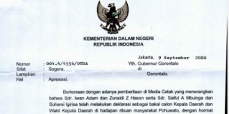 Surat Kemendagri yang mengapresiasi langkah Gubernur Gorontalo untuk menegakkan protokol kesehatan di daerah. (Foto: istimewa).