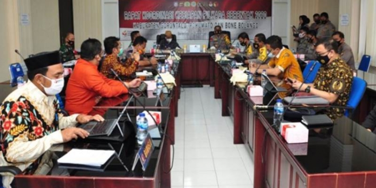 Suasana rakor persiapan pengamanan Pilkada Serentak tahun 2020 yang berlangsung di Mapolda Gorontalo, Jumat (4/9/2020). (Foto : Haris – Humas)
