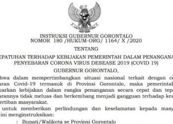 Instruksi Gubernur Gorontalo Nomor 180/HUKUM-ORG/1164/X/2020. Instruksi tersebut melarang aktivitas mengumpulkan massa dalam berbagai bentuk.