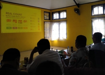 Suasana pemantauan real count yang berlangsung di DPD II Partai Golkar Pohuwato, Rabu (9/12/2020). (muhajir/gopos)