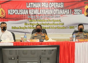 OPERASI PEKAT OTANAHA - Latihan pra operasi pekat otanaha dipimpin oleh Wakapolda Gorontalo Brigadir Jenderal Polisi Drs. Pudji Prasetijanto Hadi, MH, Rabu (10/2/2021) di Aula Titinepo, Polda Gorontalo.