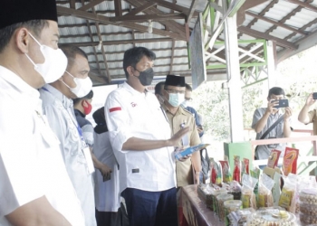 Kepala OJK Wilayah Sulawesi Utara, Gorontalo, dan Maluku Utara Darwisman yang didamping oleh Bupati Bone Bolango Hamim Pou saat meninjau pameran hasil pertanian dan UMKM di RM. Meranti (foto Irul/Kominfo).