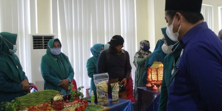 Bupati Bone Bolango saat melihat pameran PKK pada saat puncak peringatan HKG PKK Ke-49 Tingkat Kabupaten Bone Bolango (foto Istimewa)