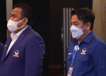 Ketua Pemenangan Wilayah Sulawesi Rachmat Gobel bersama Ketua DPW Partai Nasdem Provinsi Gorontalo Hamim Pou saat menghadiri Rakorwil DPW Partai Nasdem Provinsi Gorontalo (foto Andy Melu)
