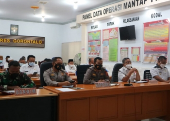 Rapat Koordinasi Pemkab Gorut bersama Polres Gorontalo, dan Polres Gorut yang dipimpin Kapolri melalui virtual meeting, Rabu (21/4/2021)