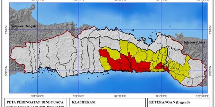Prediksi BMKG tentang potensi hujan lebat disertai petir hingga angin kencang terjadi di beberapa wilayah di Provinsi Gorontalo pagi ini, Senin (19/4/2021).