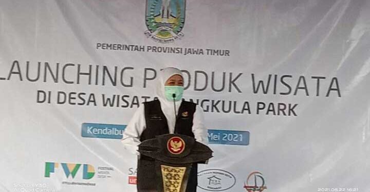 Gubernur Jawa Timur, Khofifah Indar Parawansa saat menyampaikan sambutan peluncuran Nangkula Park, Sabtu (22/5/2021). (Foto: istimewa)
