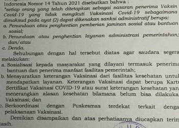 Surat Edaran Bupati Bone Bolango, Tentang Sanksi Menolak Vaksinasi Covid-19.