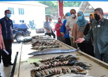 Wagub Gorontalo H. Idris Rahim (kanan), meninjau tempat pelelangan ikan di PPI Tilamuta, Kabupaten Boalemo, Kamis (24/6/2021). (Foto : Istimewa)