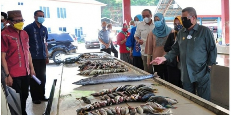 Wagub Gorontalo H. Idris Rahim (kanan), meninjau tempat pelelangan ikan di PPI Tilamuta, Kabupaten Boalemo, Kamis (24/6/2021). (Foto : Istimewa)