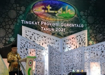 Wagub Gorontalo H. Idris Rahim memberikan sambutan pada pembukaan STQH tingkat Provinsi Gorontalo tahun 2021 di Asrama Haji Gorontalo, Selasa (22/6/2021). (Foto : Istimewa)