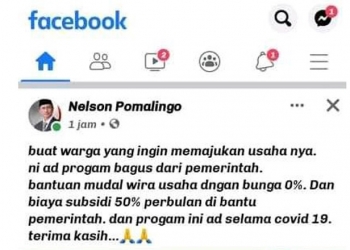 Tangkapan layar akun facebook mengatasnamakan Bupati Gorontalo, Nelson Pomalingo.