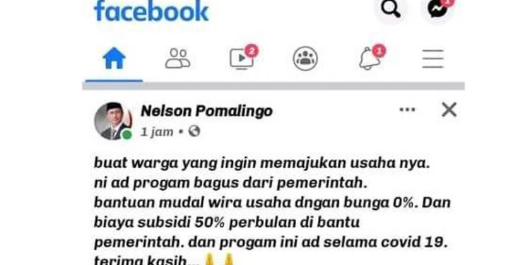 Tangkapan layar akun facebook mengatasnamakan Bupati Gorontalo, Nelson Pomalingo.
