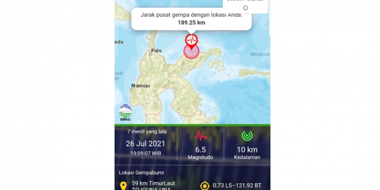 Gempabumi 6,5 Magnitudo mengguncang wilayah Tojo Una-una, Sulteng. (tangkapan layar)