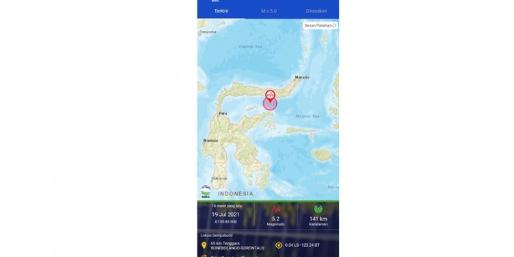 Gempa Magnitudo 5,2 Guncang Wilayah Kabupaten Bone Bolango, Senin (19/7/2021) (gopos)