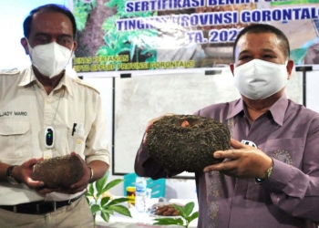 Wakil Gubernur Gorontalo, Idris Rahim  usai memberikan sambutan pada Bimtek Sertifikasi Benih Porang tingkat Provinsi Gorontalo, di Kecamatan Dungaliyo, Kabupaten Gorontalo, Kamis (29/7/2021). (Foto: Haris/Kominfo)
