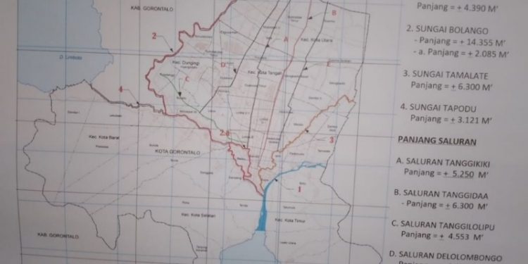 Dokumen master plan drainase Kota Gorontalo yang menunjukan beberapa titik fokus penanganan genangan air di Kota Gorontalo. Foto Istimewa