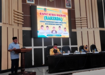 Wali Kota Gorontalo, Marten Taha dalam sambutan Rapat Kerja Daerah (Rakerda) LPTQ Kota Gorontalo, Sabtu (28/8/2021). Foto (Ari/Gopos)