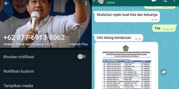 Akun WhatsApp yang mencatut nama serta foto Bupati Bone Bolango, Hamim Pou. (istimewa)