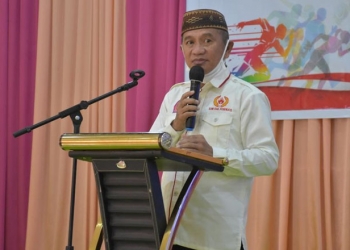 Bupati Pohuwato, Saipul Mbuinga, memberikan sambutan pada pengukuhan pengurus KONI Pohuwato periode 2021-2026, Senin (9/8/2021).