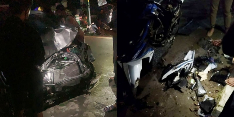 Kondisi mobil Suzuki Ignis mengalami ringsek (kiri) dan kondisi motor yang mengalami kerusakan akibat ditabrak mobil Suzuki Ignis, Jumat (20/8/2021).