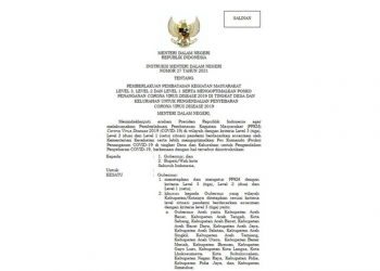 Instruksi Mendagri tentang pemberlakuan pembatasan kegiatan masyarakat level 3, 2 dan 1 serta mengoptimalkan posko penanganan Covid-19 di tingkat desa dan kelurahan untuk pengendalian Covid-19