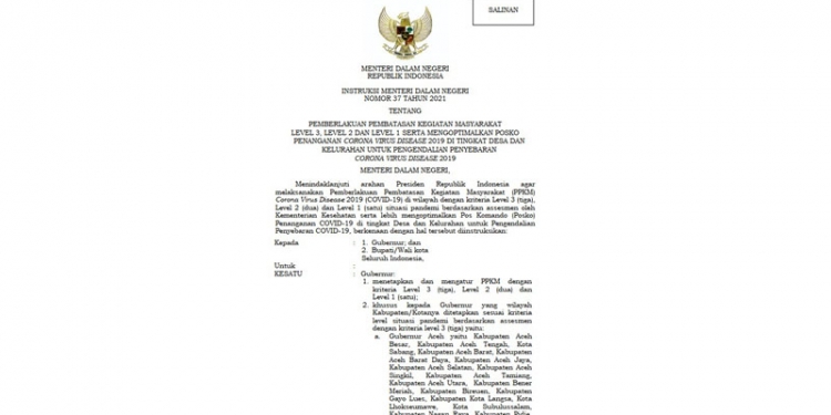 Instruksi Mendagri tentang pemberlakuan pembatasan kegiatan masyarakat level 3, 2 dan 1 serta mengoptimalkan posko penanganan Covid-19 di tingkat desa dan kelurahan untuk pengendalian Covid-19