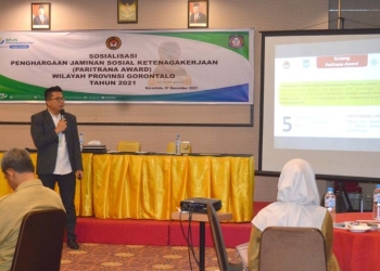 Pelaksanaan sosialisasi Paritrana Award 2021, bagi pemerintah daerah di wilayah Provinsi Gorontalo yang diselenggarakan oleh BPJAMSOSTEK Cabang Gorontalo, di Hotel Maqna Kota Gorontalo, Selasa (7/12/2021). (Foto Istimewa)