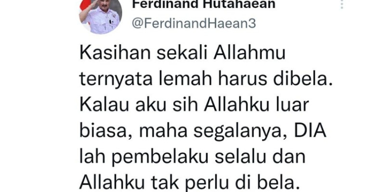 Cuplikan tweet yang diunggah Ferdinan Hutahaean  yang dinilai merupakan ujaran kebencian berdasar SARA.