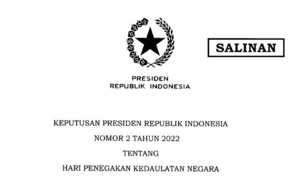 Screenshoot Keppres Nomor 2 Tahun 2022 tentang Hari Penegakkan Kedaulatan Negara (sumber: setkab.go.id)