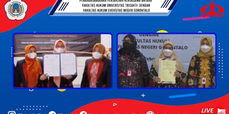 Penandatanganan kerja sama oleh Dekan Fakultas Hukum UNG dan Trisakti secara virtual, Senin (14/2/2022) (dok. FH UNG)