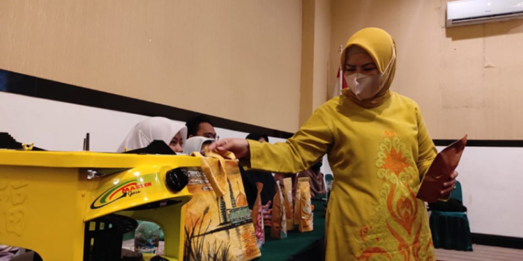 Ketua Dewan Kerajinan Nasional Daerah (Dekranasda) Provinsi Gorontalo Idah Syahidah saat meninjau produk UMKM yang ikut dalam lomba inovasi produk UMKM yang digelar oleh Dinas Koperasi UMKM Perindustrian dan Perdagangan (Diskumperindag) Rabu, (23/2/2022). (Foto: Rival)