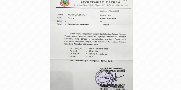 Pelantikan Sekertaris Daerah Kabupaten Gorontalo dipastikan akan dilaksanakan pada Jumat besok (18/3/2022). (Foto: Istimewa)
