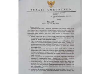 Surat edaran Bupati Gorontalo Nomor 450/465/Bag.Kesra besaran zakat fitrah di Kabupaten Gorontalo ditetapkan Rp.30/ Ribu/Jiwa.