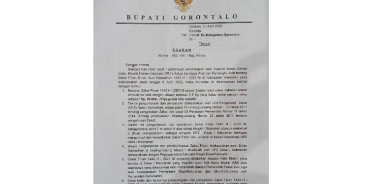 Surat edaran Bupati Gorontalo Nomor 450/465/Bag.Kesra besaran zakat fitrah di Kabupaten Gorontalo ditetapkan Rp.30/ Ribu/Jiwa.