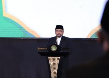 Menteri Agama Yaqut Cholil Qoumas memberikan sambutan dalam Peringatan Nuzulul Qur'an Tingkat Kenegaraan, di Jakarta, Selasa (19/4/2022). (Dok. Kemenag)