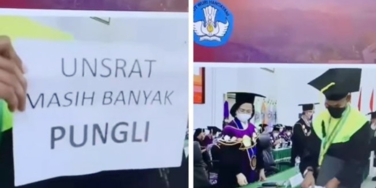 Prosesi wisuda Universitas Sam Ratulangi, Manado, Sulawesi Utara menjadi viral di media sosial karena seorang wisudawan memberikan secarik kertas berisi pesan dugaan pungli kepada sang rektor. (suara.com)