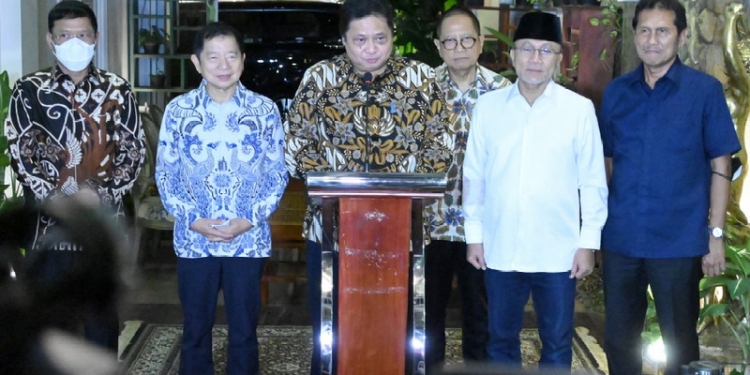 Pertemuan antara tiga ketua umum partai politik, Golkar, PAN dan PPP, Kamis (12/05/2022) di Menteng, Jakarta Pusat.