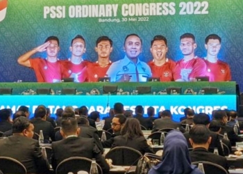Suasana Kongres Biasa PSSI 2022 di Bandung, Senin (30/5/2022). Kongres tersebut menghasilkan beberapa keputusan termasuk soal format Liga 1 dan Liga 2 serta perubahan nama beberapa klub (Antara/Suara.com)