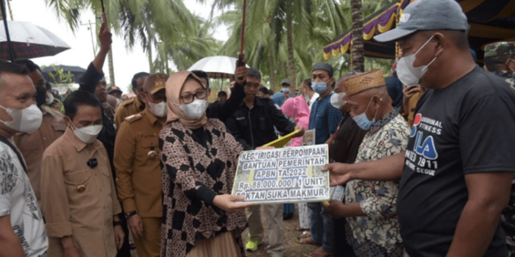 Ketua TPPKK drg. Gamaria saat turut menyerahkan bantuan pada masyarakat petani, Senin (13/06/2022).