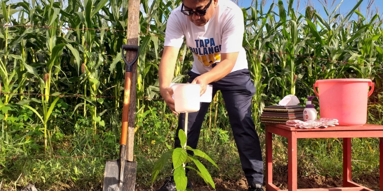 Bupati Hamim Pou melakukan penanaman pohon alpukat jenis aligator dalam rangkaian peringatan HUT Desa Bulotalangi Timur, Kecamatan Bulango Timur ke-15 tahun, di Agrowisata Asmara Garden Bulotalangi Timur, Rabu (13/7/2022). (Foto Indra/Gopos)