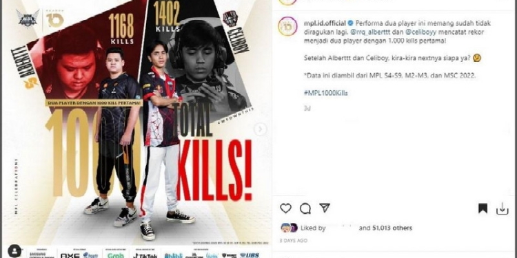Dua pemain dengan jumlah kill lebih dari 1.000 poin di MPL. (Instagram/ mpl.id.official/Suara.com)