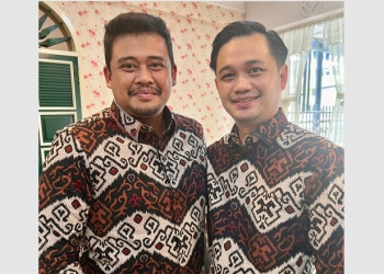 Wakil Wali Kota Gorontalo, Ryan F. Kono bertemu dengan Wali Kota Medan, Bobby Nasution pada Rapat Kerja Daerah (Rakerda) Himpunan Pengusaha Muda Indonesia (HIPMI) Provinsi Sumatera Utara (Sumut). (istimewa)