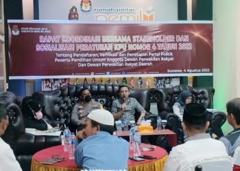 Komisi Pemilihan Umum (KPU) Bone Bolango mensosialisasikan Peraturan KPU Nomor 4 Tahun 2022. Pelaksanaan sosialisasi berlangsung di Rumah Pintar Pemilu (RPP Bhanthayo) KPU Bone Bolango, Kamis (4/7/2022). (Foto: Putra/Gopos)