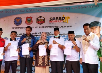 Kampanye Stop Narkoba Sehari Sinergi Wujud Pencegahan dan Pemberantasan Penyalahgunaan dan Peredaran Gelap Narkotika (P4GN) di Desa Bersinar Desa Buhu, Kecamatan Telaga Jaya, Kabupaten Gorontalo, Kamis (19/8/2022). (Foto: Putra/Gopos)