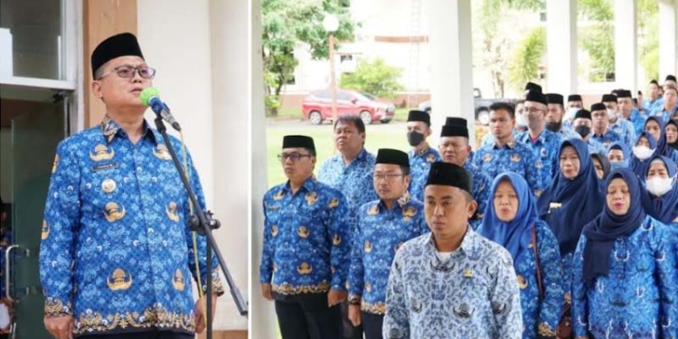 Thariq Modanggu saat memimpin apel Korpri di lingkungan Pemerintah Kabupaten Gorontalo Utara. (foto.istimewa)