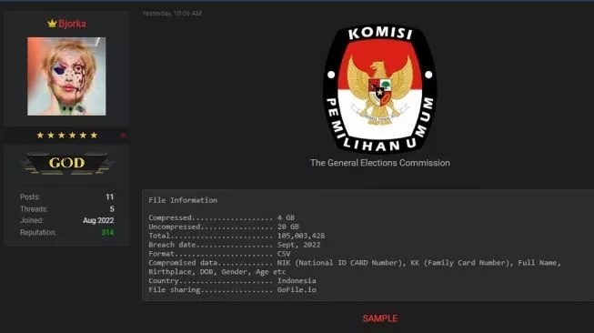 Bidikan layar/breached.to terkait kebocoran data penduduk dari KPU disebar oleh Bjorka (foto: suara.com)