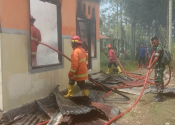 Petugas Pemadam Kebakaran berupaya melakukan pemadaman dalam kebakaran sebuah rumah di Desa Toto Selatan, Kecamatan Kabila, Bone Bolango, Jumat (28/10/2022).(Istimewa)